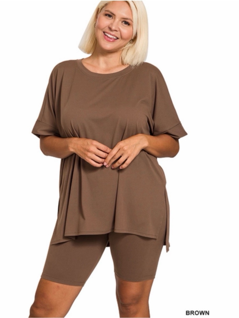 Zenana Plus Brown Relaxed Short Sleeve Tee & Biker Short Set